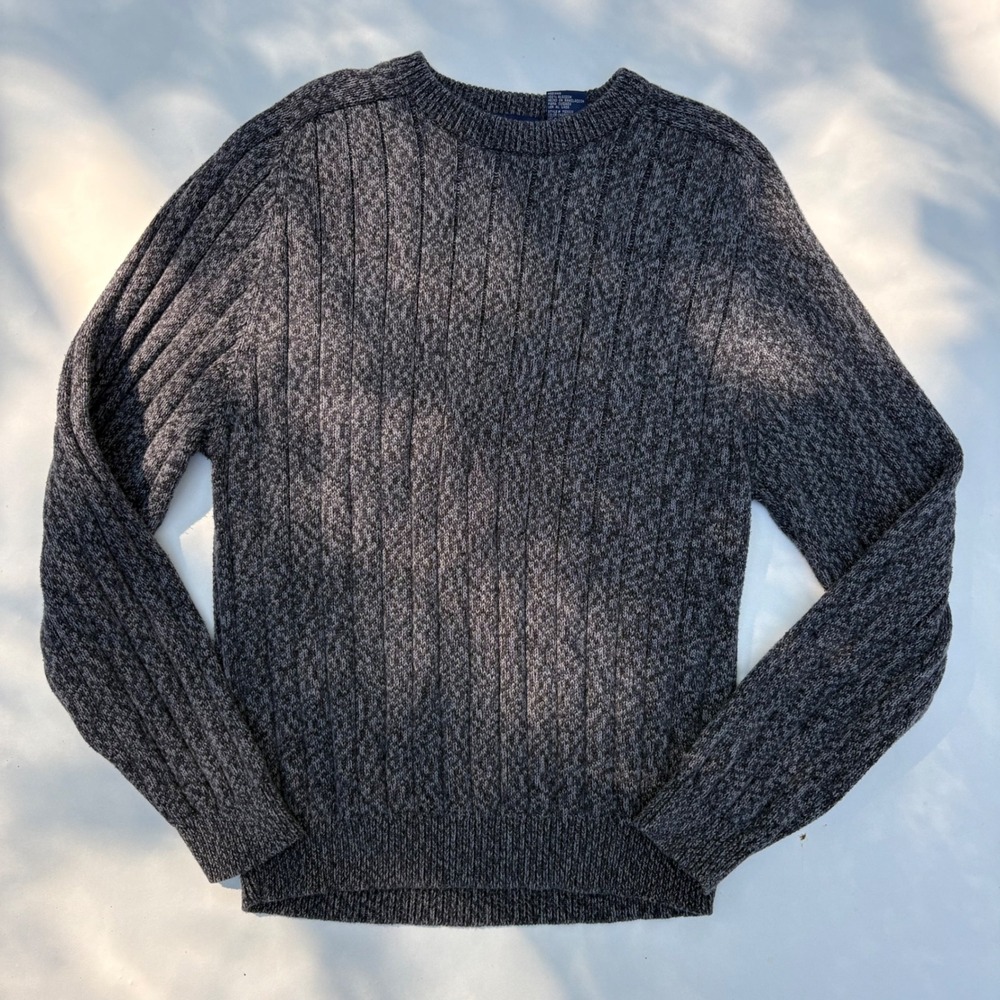 Faded Glory Mens Medium Gray Marled Ribbed Knit 100% Cotton Crewneck Sweater